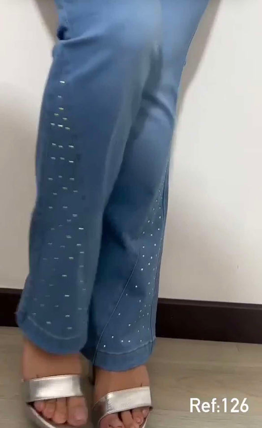 Jeans Tubo Recto con  Brillos